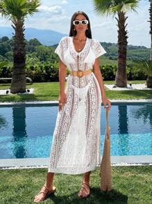 SHEIN Cottnline V 领中长连衣裙罩衫，适合夏季海滩度假 - 米色 - 查看 2