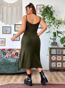 Flirla Plus Size Women's Summer Solid Color Distressed Casual Sleeveless Dress - Army Green - View 3