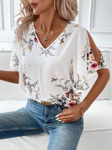 SHEIN Clasi Floral Printed Women's Top With V Neckline, Ruffled Sleeves, And Side Slits - Multicolor - View 6