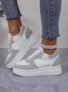 秋冬女士厚底坡跟运动鞋，女士休闲户外运动鞋 - 灰色 - 查看 4