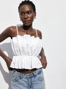 Maija Blusa corta de mujer con cintura plisada y ceñida, diseño elegante y minimalista apta para graduaciones, volver al colegio o fiestas, primavera-verano-inicio de otoño 2025