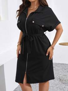 EMERY ROSE Plus Size Solid Color Zipper Belted Batwing Sleeve Summer Dress Maxi Women Outfit - Black - View 5