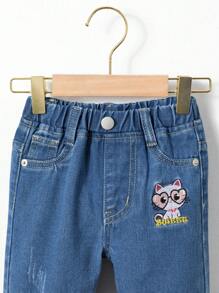 Medium Wash Blue Baby Girls' Cute Embroidered Wide-Leg Denim Jeans With Folded Hem - Medium Wash - View 5