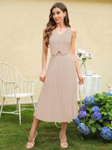 SHEIN Clasi Bộ vest và váy xếp li kiểu Jili dành cho nữ trong đám cưới có hàng nút, 2 chiếc - Bụi hồng - Xem 4