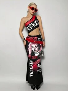 SHEIN ICON Y2k Summer Spring Outfits Music Festival & Party Outfits Summer Sets Rock Band Printed PU Shoulder Strap Decorated Skirt Set, Including Low-Rise Skirt And Color-Contrasting Belt, For Women - Black - View 1
