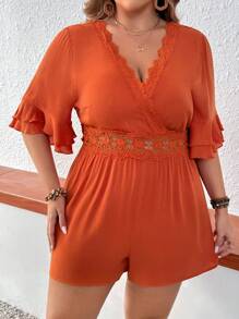 SHEIN VCAY 大碼女性蕾絲裝飾簡約日常連身褲 - 鏽棕色 - 查看 3