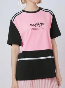 SHEINNeu SHEINneu Women's Summer Contrast Color Split Casual Sports Slogan Printed Round Neck Short-Sleeved T-Shirt