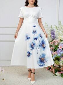 Modelyn 大碼花卉印花圓領度假風夏季連衣裙 - 白色 - 查看 6