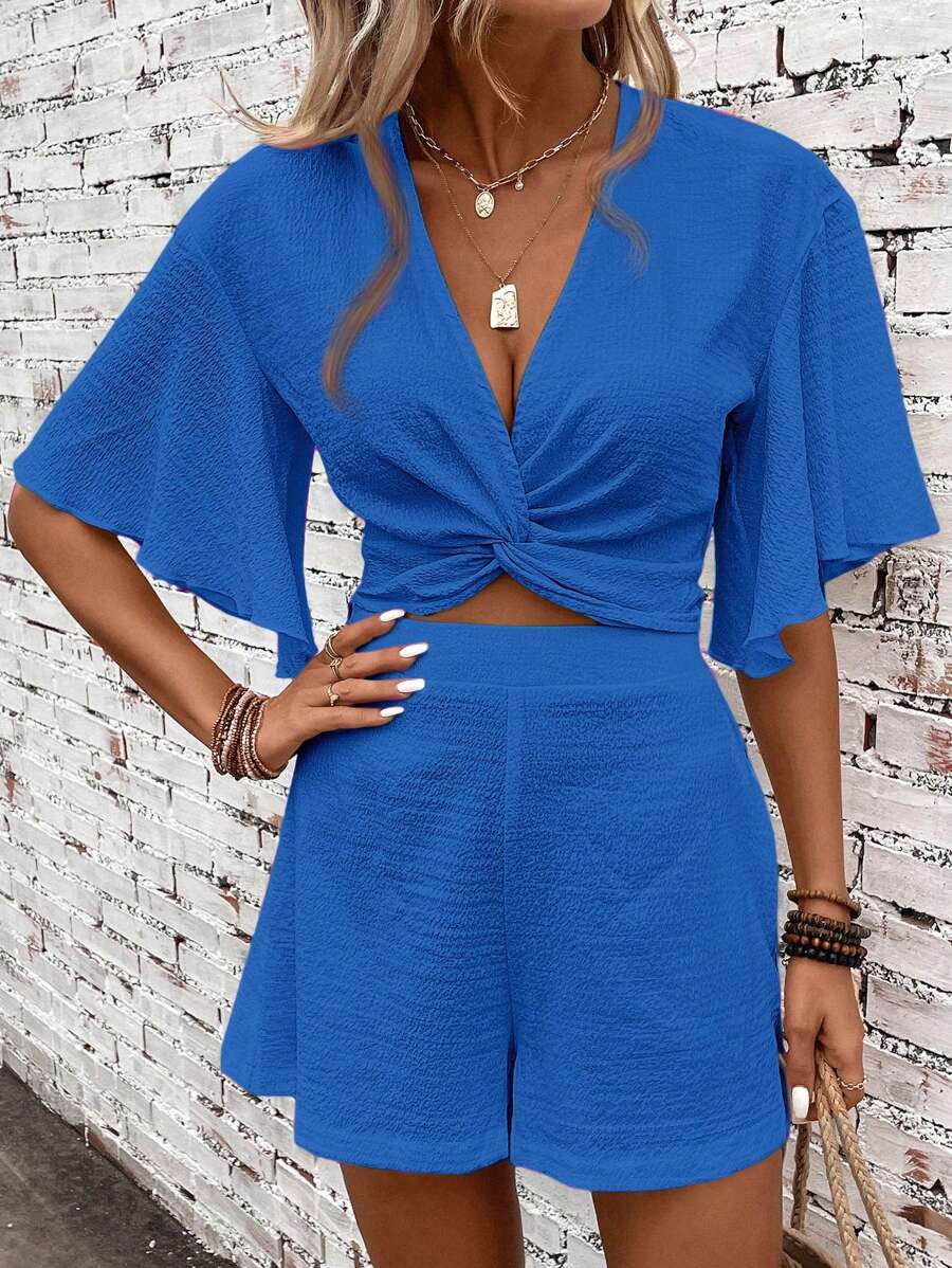 SHEIN Clasi Twist Front Butterfly Sleeve Crop Top & Shorts Two Pieces Set - Royal Blue - View 1