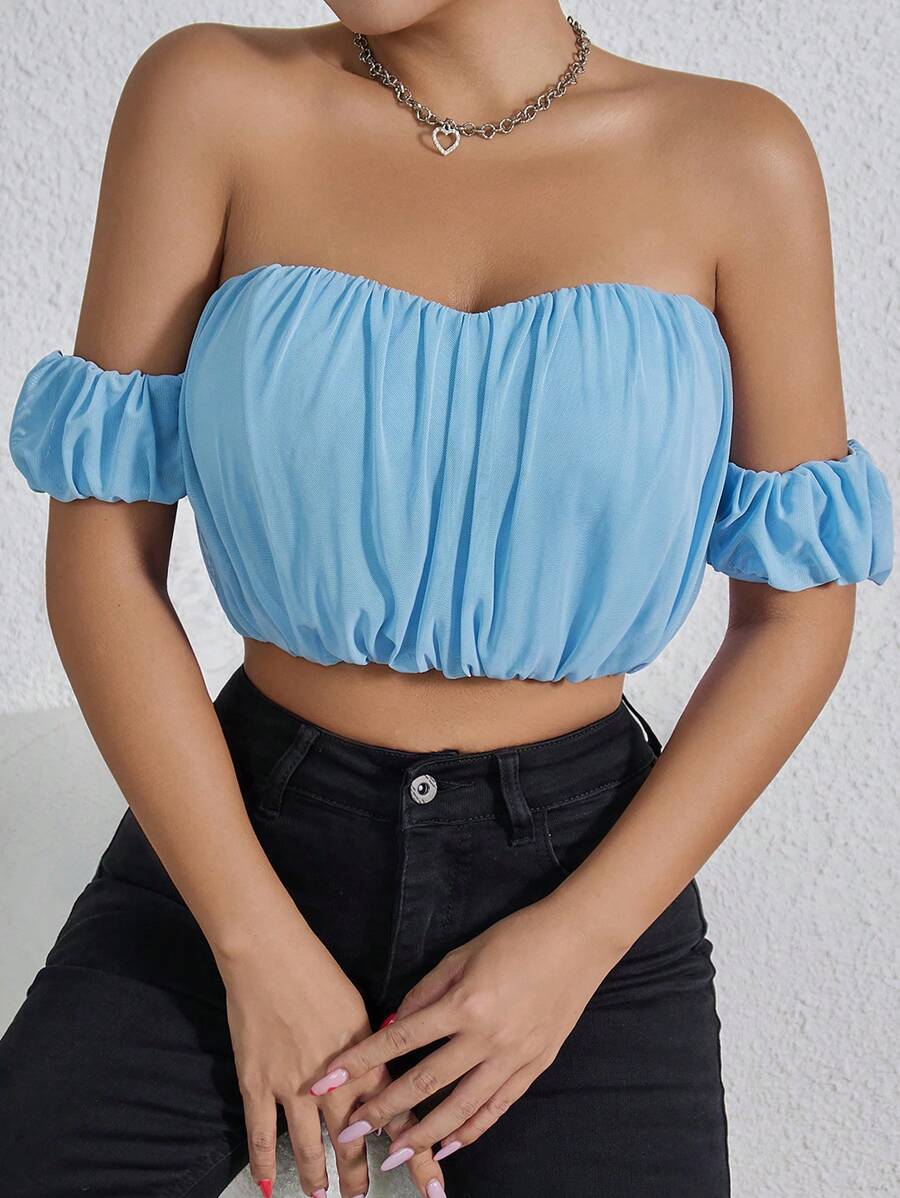 Allurite Women's Fashionable Solid Color Off-Shoulder Cropped Top With Ruffles, Summer,Corset Top - Blue - View 1