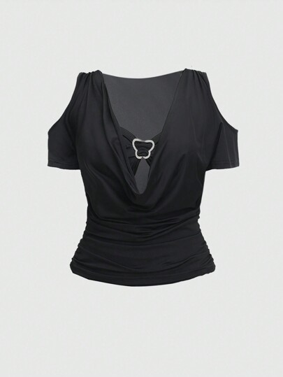 Fairycore Damen Sommer Mode Set aus einfarbigem Camisole, Off-Shoulder Rundhals T-Shirt mit Raffungen und asymmetrischem Saumrock