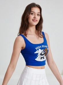 We Bare Bears X SHEIN 夏季卡通印花緊身短款背心 - 藍色 - 查看 7
