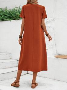 EMERY ROSE Women's Short Sleeve Plain V-Neck Summer Dress - Rust Brown - View 4