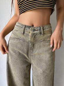 DAZY 女式宽松阔腿休闲牛仔裤，带口袋，宽松牛仔裤，返校服 - 卡其色 - 查看 6