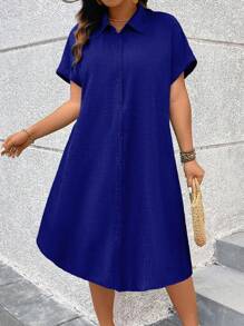 Linhara CURVE Đầm Maxi Tay Ngắn Cổ Gập Cài Nút Phía Trước Màu Trơn Size Lớn Mùa Hè Cho Nữ - Xanh đậm - Xem 6