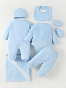 SHEIN 嬰兒男童淺藍色連體衣和短袖衣套裝，長袖，帽子，圍嘴，手套和毯子配套禮盒 - 淺藍色 - 查看 2