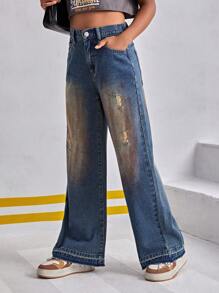 SHEIN Explorewe Tween Girl Simple Daily Jeans - Dark Wash - View 3