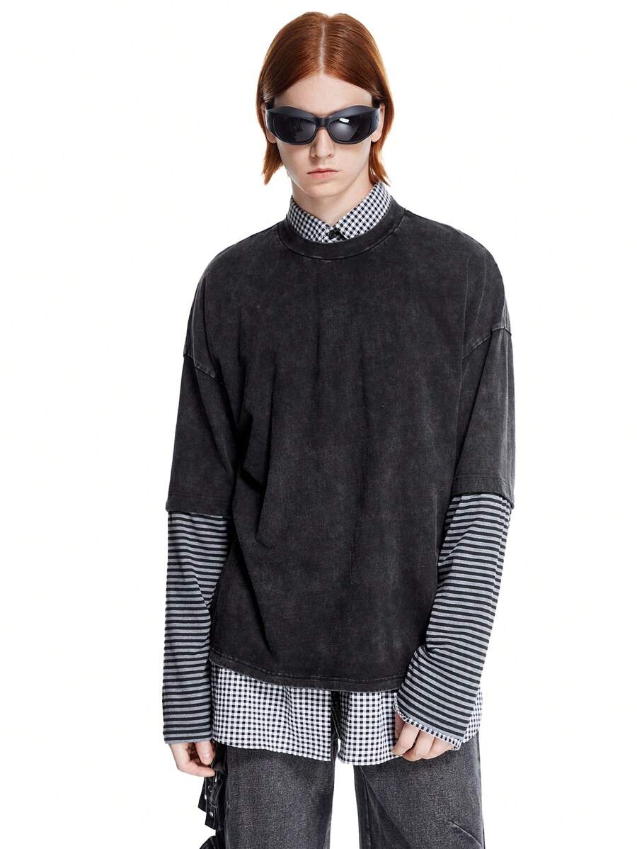 Manfinity VCAY Designer Double Sleeves Acid Washed T-Shirt - Black - View 1