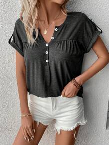 SHEIN LUNE Women's Casual Half-Button Short Sleeve T-Shirt, Spring/Summer