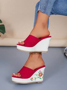Women's Fashion Random Print Pattern Round Toe Anti-Slip Platform Wedge Sandals Valentines - Red - View 4