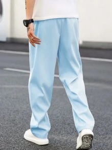 Claim Dot 男士休闲纯色抽绳腰长裤，秋季 - 淺藍色 - 查看 2