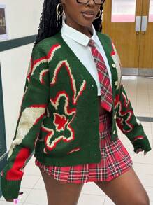 Slaydiva 秋冬女士花朵图案芝麻底工艺彩色花朵V领羊毛开衫、长袖上衣 - 彩色 - 查看 7