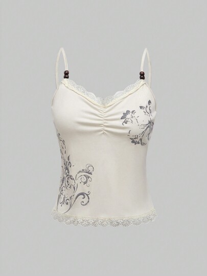 Fairycore Lace Spliced Floral Printed Vintage Women's Cami Top