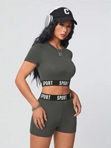 Muchica 夏季運動風字母印花胶帶短上衣和短褲修身2件套裝 - 深灰色 - 查看 4