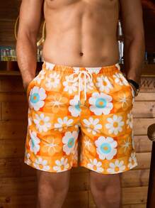 Surfspeed Men's Summer Floral Printed Drawstring Waist Beach Shorts, Vacation Style - Yellow - View 3