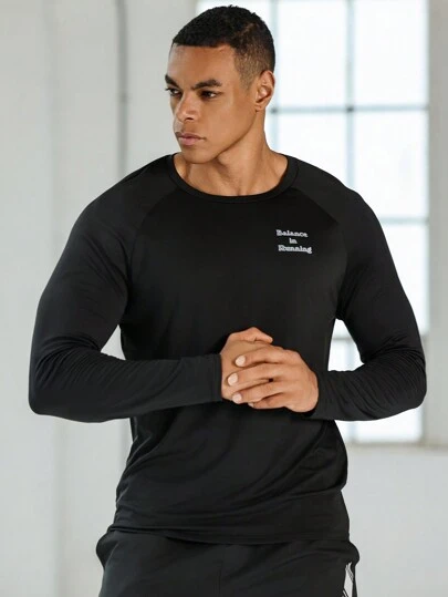Boyfriend Style Men's Round Neck Letter Printed Casual Long Sleeve Sports T-Shirt,Sweatshirt Thermal Gym,Summer,Black And White,Athleisure Gym Top
