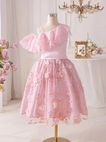 SHEIN Cô gái Vai xiên Hai lớp Trang trí lá sen Áo Với Lưới Thêu Váy Cốt lõi Hai chiếc Bộ - Hồng - Xem 9