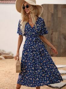 Breezaya Ditsy Floral Flutter Sleeve Overlap Collar Belted Dress - Navy Blue - View 5