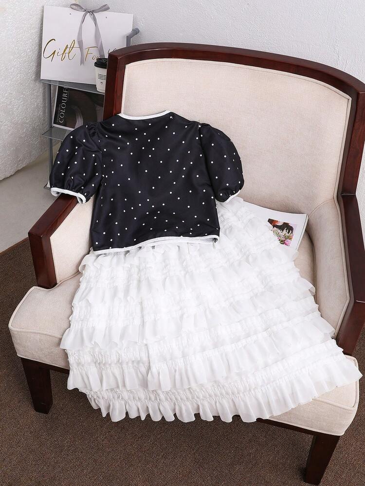 Tween Girl Color Block Polka Dot V-Neck Casual Elegant Simple Polka Dot Short Sleeve Shirt And Solid Color Skirt Set
