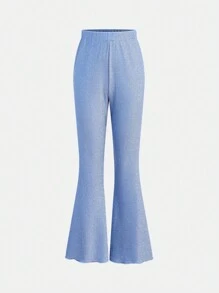 Conjunto de 2 piezas de top de camisola brillante de unicolor y pantalones acampanados para adolescentes - Azul - Ver 4