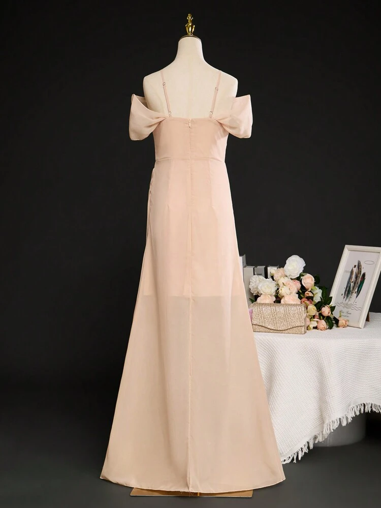 Teen Girl Wedding Season Chiffon Bridesmaid Dress With Ruffle Trim, Off Shoulder And High Slit, For Wedding, Prom, Birthday Party Evening Gown