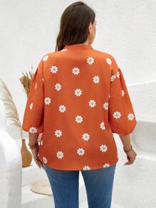 SHEIN LUNE Camisa naranja de moda de talla grande para mujeres con estampado floral - Naranja - Ver 2