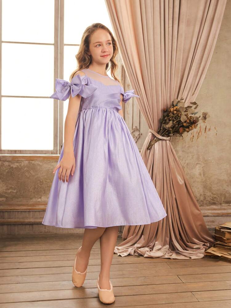 Tween Girls' Mesh-Patch Round Neck Short Sleeved Dress With Metallic Fabric, Front Pleats And Bow Decoration