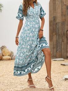 SHEIN Unity Floral Printed V-Neck Long Green Dress - Multicolor - View 3