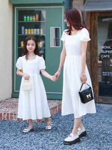 Vestido blanco para mujer con mangas abullonadas y cintura ajustada - Multicolor - Ver 1