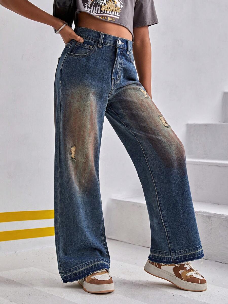 SHEIN Explorewe Tween Girl Simple Daily Jeans - Dark Wash - View 1