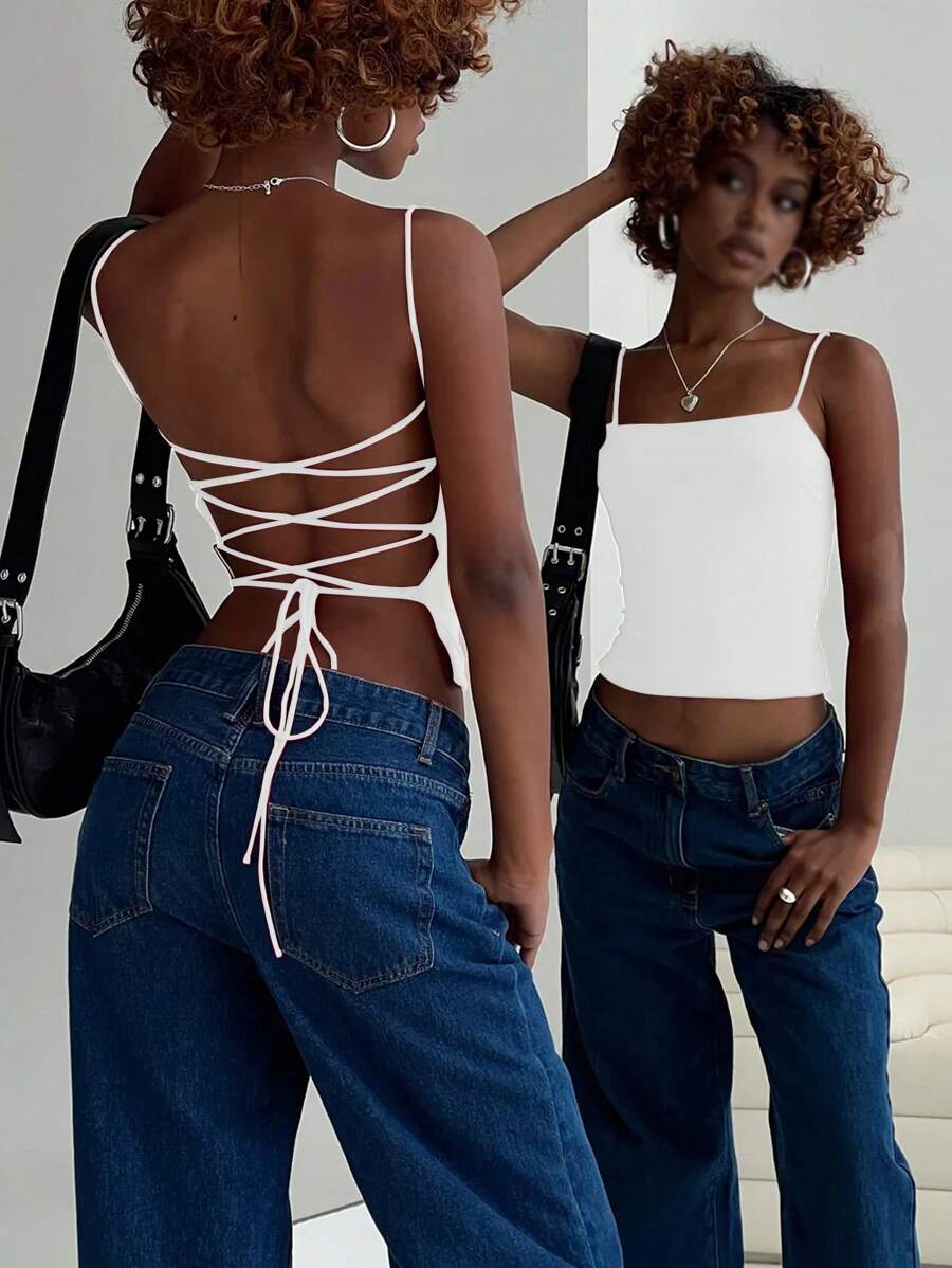 INAWLY Camiseta corta y ajustada de verano para mujer con sexy diseño cruzado de venda y espalda descubierta