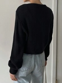 Dazy-Less 纯色纽扣前短款开衫，复古风格，秋季服装 - 黑色 - 查看 5