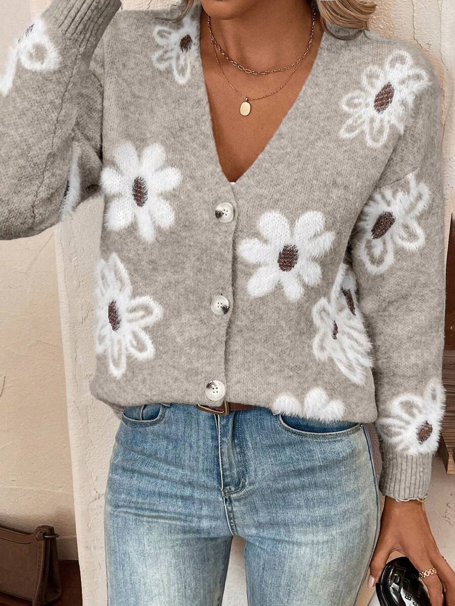 EMERY ROSE Cardigan quotidien simple à imprimé floral pour dames à la mode - Kaki - Voir 1