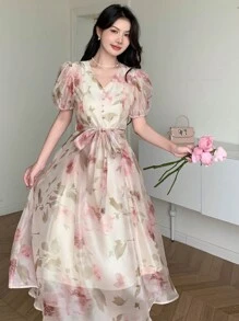 DAZY 女士优雅浪漫花卉泡泡袖夏季连衣裙太阳裙 - 粉色 - 查看 6