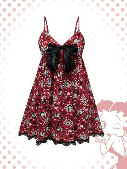 Betty Boop | ROMWE Women's Cartoon And Heart Print Contrast Bow Front Lace Hem Slip Dress