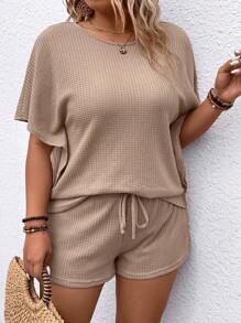 SHEIN Clasi Plus Size Women's Simple Solid Color Short Sleeve Top And Shorts Set - Apricot - View 4