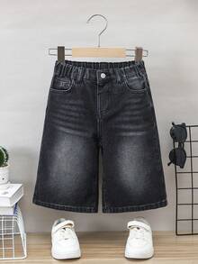 SHEIN Cậu bé trẻ tuổi Thời trang giản dị Xu hướng đường phố Nước giặt đơn giản Sáu điểm rộng thùng thình Quần short denim cho bé trai đi nghỉ và mặc hàng ngày Quần áo mùa hè Quần áo mùa hè dễ thương đi học - màu đen - Xem 2