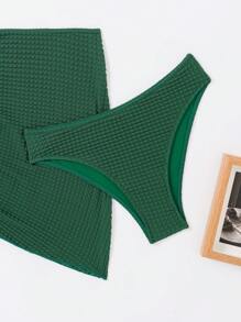 女性實色交叉剪裁露背比基尼泳衣套裝，附遮陽裙，夏季必備 - 綠色 - 查看 3