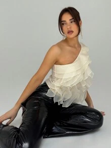 Aloruh Top con diseño de un solo hombro al estilo francés con capas y ribetes múltiples, elegante para vacaciones o citas en primavera y verano - Albaricoque - Ver 3