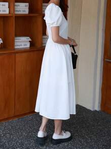 Vestido blanco para mujer con mangas abullonadas y cintura ajustada - Multicolor - Ver 2